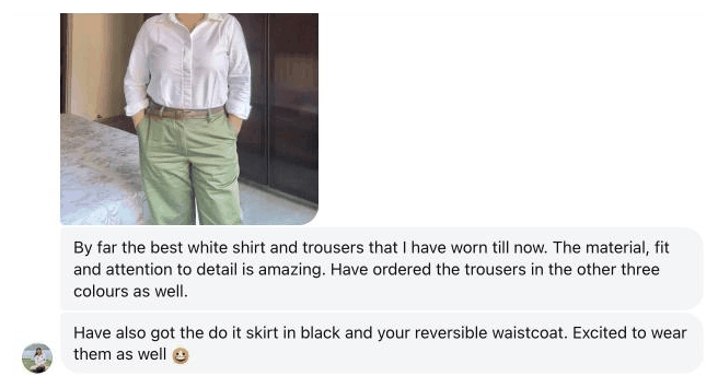 By far the best white shirt and trousers that I have worn till now. The material, fit and attention to detail is amazing. Have ordered the trousers in the other three colours as well.